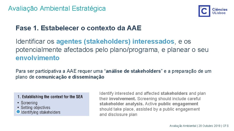 Avaliação Ambiental Estratégica Fase 1. Estabelecer o contexto da AAE Identificar os agentes (stakeholders)