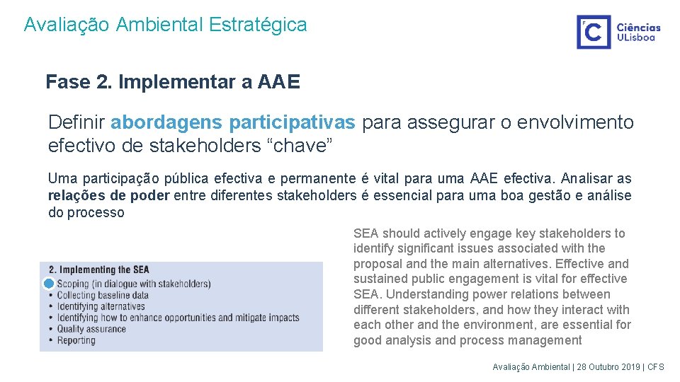 Avaliação Ambiental Estratégica Fase 2. Implementar a AAE Definir abordagens participativas para assegurar o