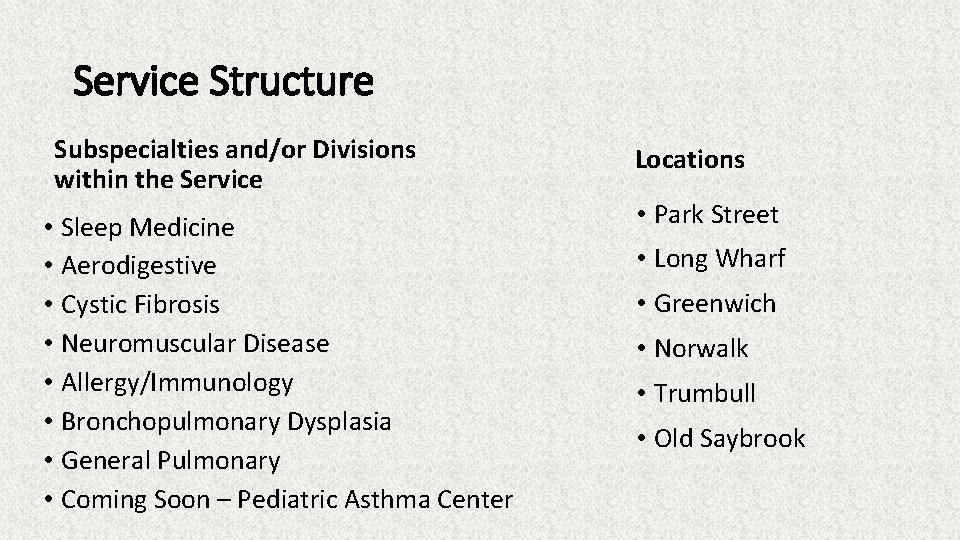 Service Structure Subspecialties and/or Divisions within the Service • Sleep Medicine • Aerodigestive •