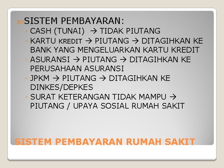  SISTEM PEMBAYARAN: ◦ CASH (TUNAI) TIDAK PIUTANG ◦ KARTU KREDIT PIUTANG DITAGIHKAN KE