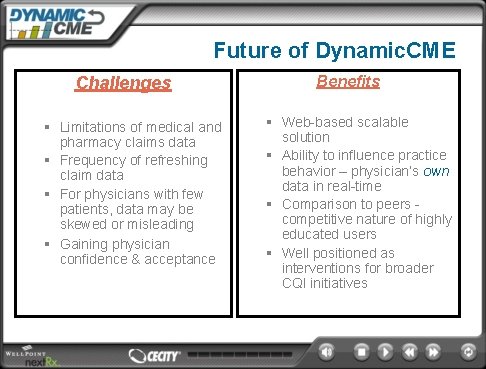 Future of Dynamic. CME Challenges § Limitations of medical and pharmacy claims data §