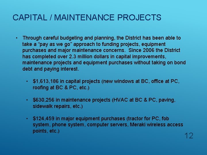 CAPITAL / MAINTENANCE PROJECTS • Through careful budgeting and planning, the District has been