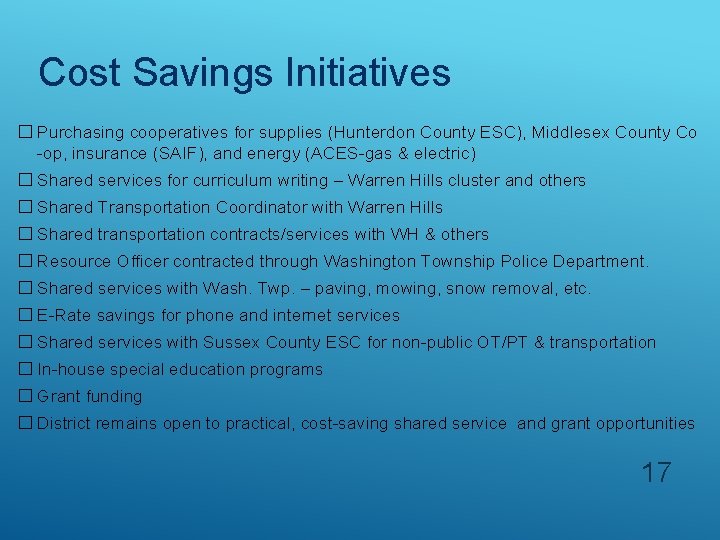 Cost Savings Initiatives � Purchasing cooperatives for supplies (Hunterdon County ESC), Middlesex County Co