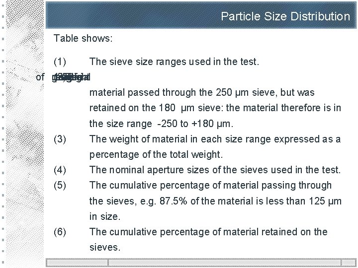 Particle Size Distribution Table shows: (1) The sieve size ranges used in the test.