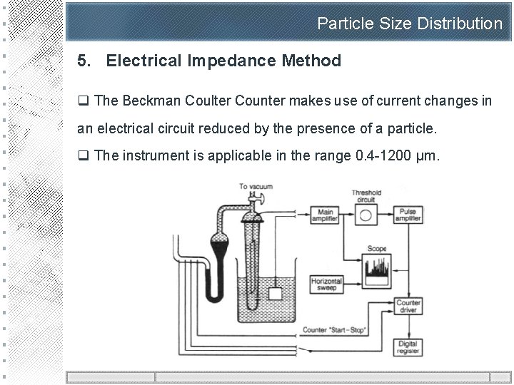 Particle Size Distribution 5. Electrical Impedance Method q The Beckman Coulter Counter makes use