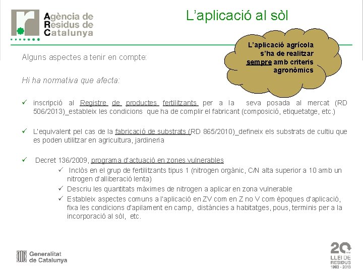 L’aplicació al sòl Alguns aspectes a tenir en compte: L’aplicació agrícola s’ha de realitzar