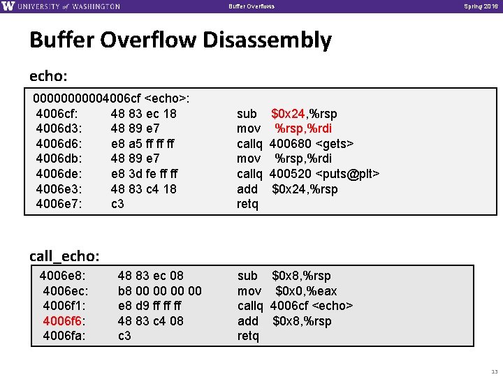 Buffer Overflows Spring 2016 Buffer Overflow Disassembly echo: 000004006 cf <echo>: 4006 cf: 48