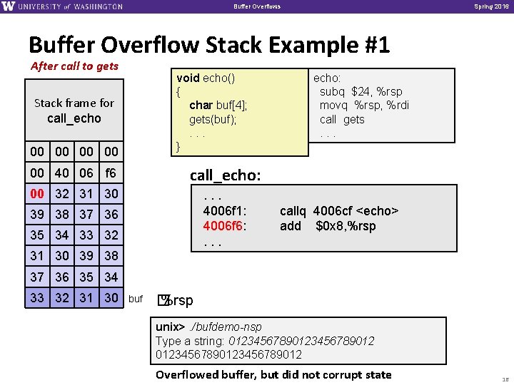 Buffer Overflows Spring 2016 Buffer Overflow Stack Example #1 After call to gets void