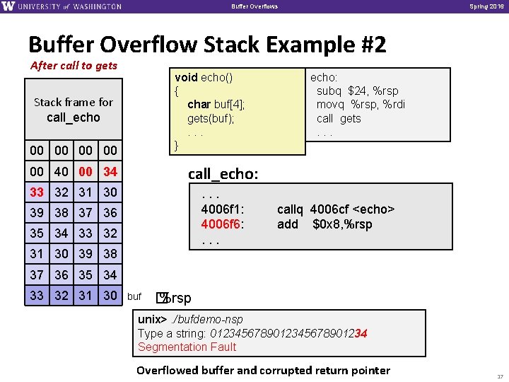Buffer Overflows Spring 2016 Buffer Overflow Stack Example #2 After call to gets void