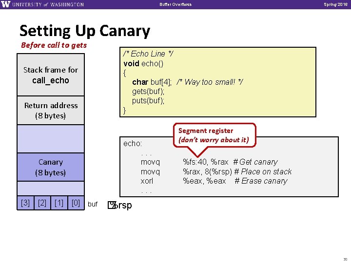Buffer Overflows Spring 2016 Setting Up Canary Before call to gets Stack frame for