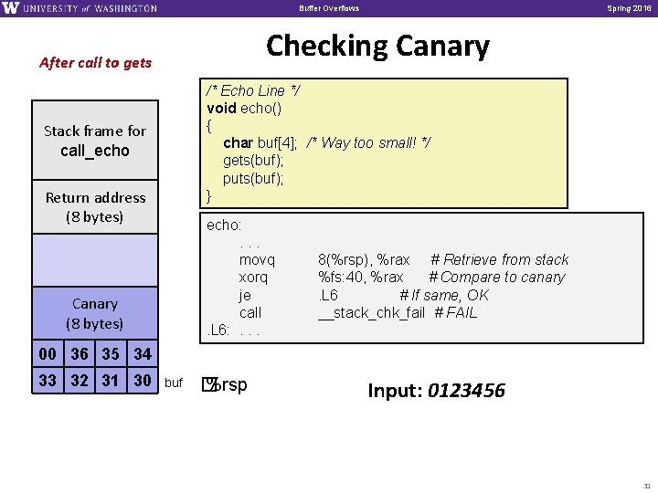 Buffer Overflows Spring 2016 Checking Canary After call to gets /* Echo Line */