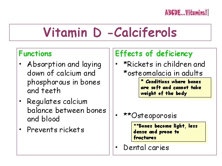 Vitamin D -Calciferols Functions • Absorption and laying down of calcium and phosphorous in