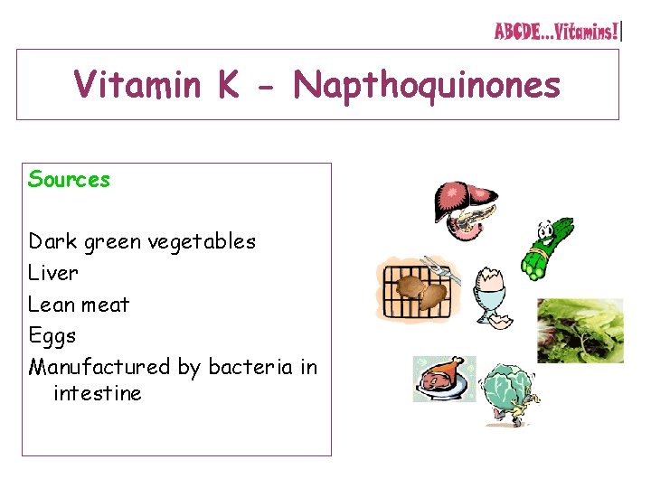 Vitamin K - Napthoquinones Sources Dark green vegetables Liver Lean meat Eggs Manufactured by