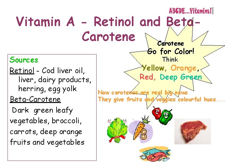 Vitamin A - Retinol and Beta. Carotene Sources Retinol - Cod liver oil, liver,