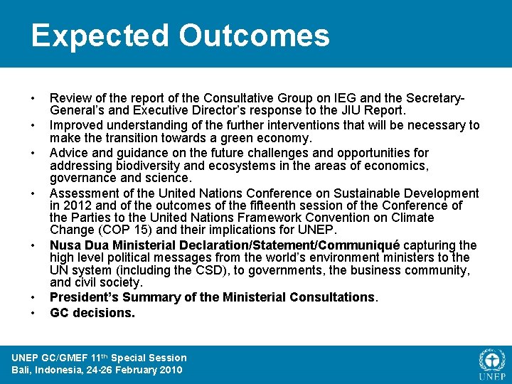 Expected Outcomes • • Review of the report of the Consultative Group on IEG