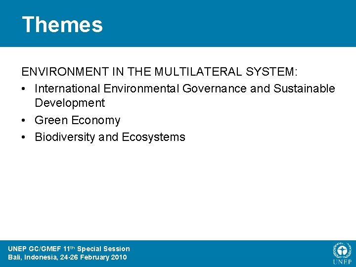 Themes ENVIRONMENT IN THE MULTILATERAL SYSTEM: • International Environmental Governance and Sustainable Development •