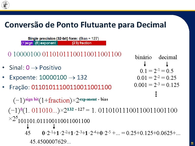 Conversão de Ponto Flutuante para Decimal 0 10000100 011010111001100 decimal 0. 1 = 2