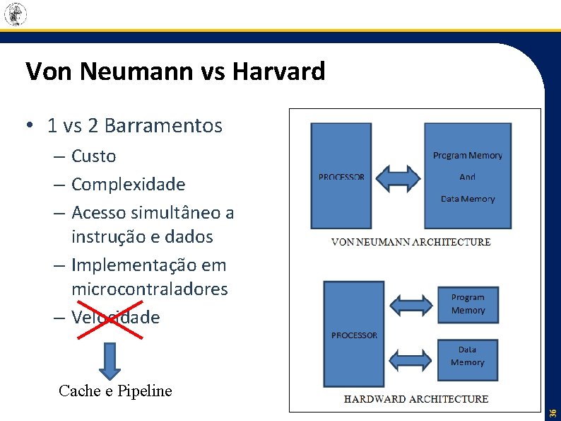 Von Neumann vs Harvard • 1 vs 2 Barramentos – Custo – Complexidade –