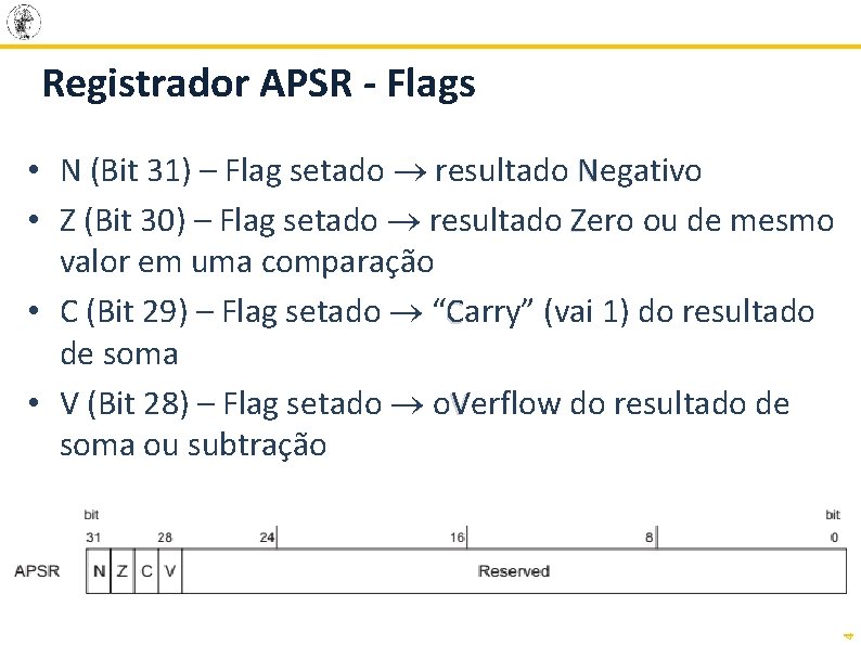 Registrador APSR - Flags 4 • N (Bit 31) – Flag setado resultado Negativo