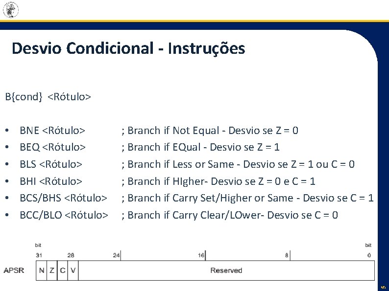 Desvio Condicional - Instruções B{cond} <Rótulo> BNE <Rótulo> BEQ <Rótulo> BLS <Rótulo> BHI <Rótulo>