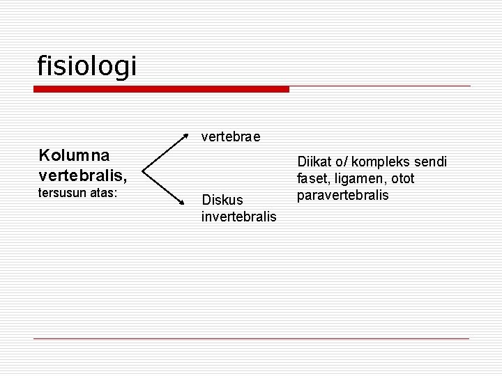 fisiologi vertebrae Kolumna vertebralis, tersusun atas: Diskus invertebralis Diikat o/ kompleks sendi faset, ligamen,