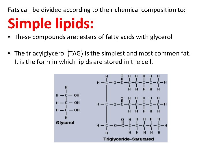 Fats can be divided according to their chemical composition to: Simple lipids: • These