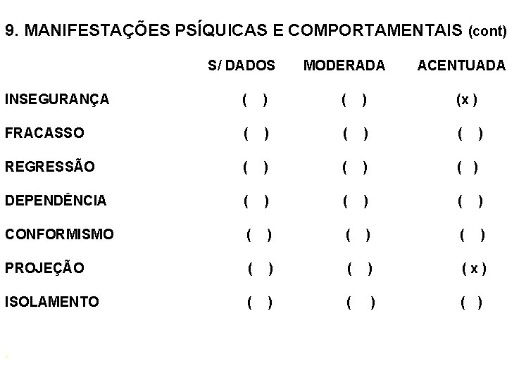 9. MANIFESTAÇÕES PSÍQUICAS E COMPORTAMENTAIS (cont) S/ DADOS MODERADA INSEGURANÇA ( ) (x )