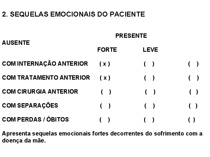 2. SEQUELAS EMOCIONAIS DO PACIENTE PRESENTE AUSENTE FORTE LEVE COM INTERNAÇÃO ANTERIOR (x) (