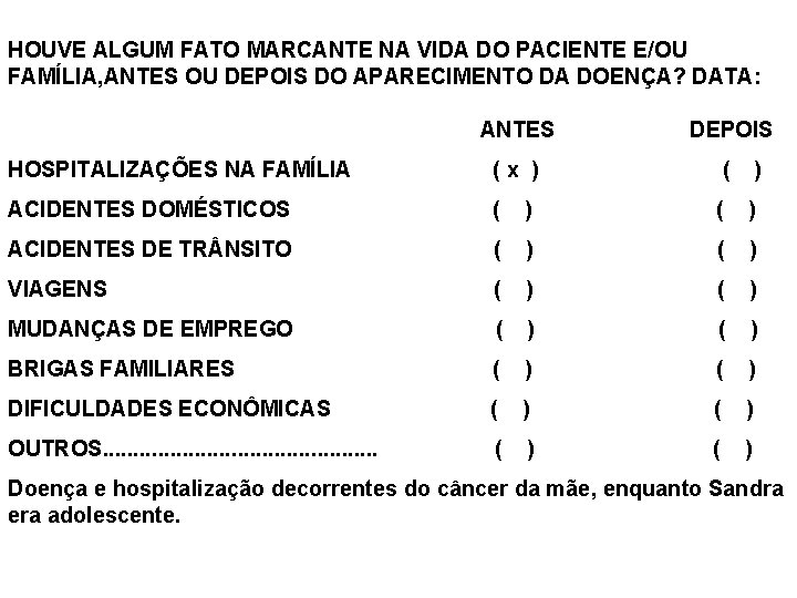 HOUVE ALGUM FATO MARCANTE NA VIDA DO PACIENTE E/OU FAMÍLIA, ANTES OU DEPOIS DO