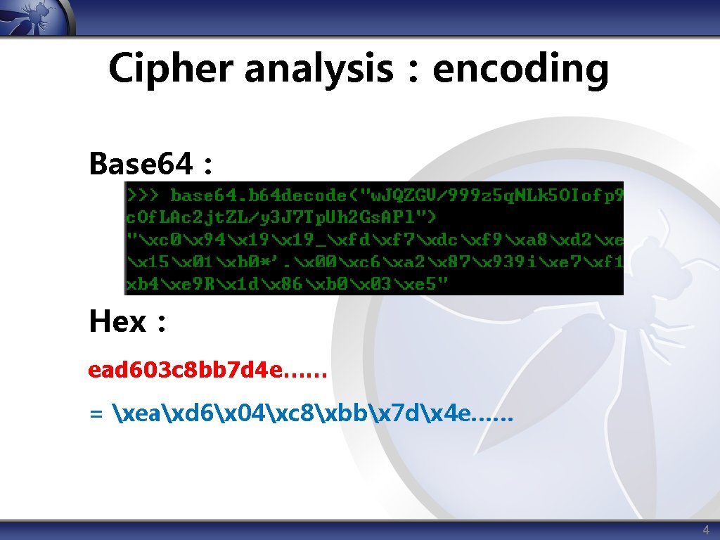 Cipher analysis：encoding Base 64： Hex： ead 603 c 8 bb 7 d 4 e……