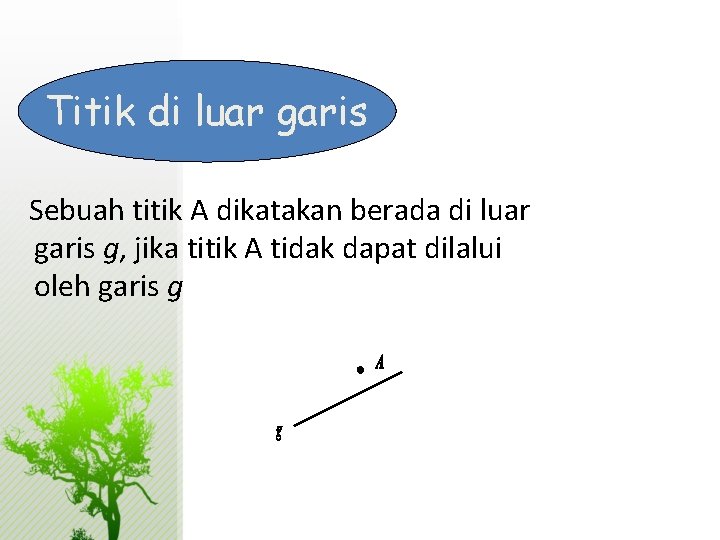 Titik di luar garis Sebuah titik A dikatakan berada di luar garis g, jika