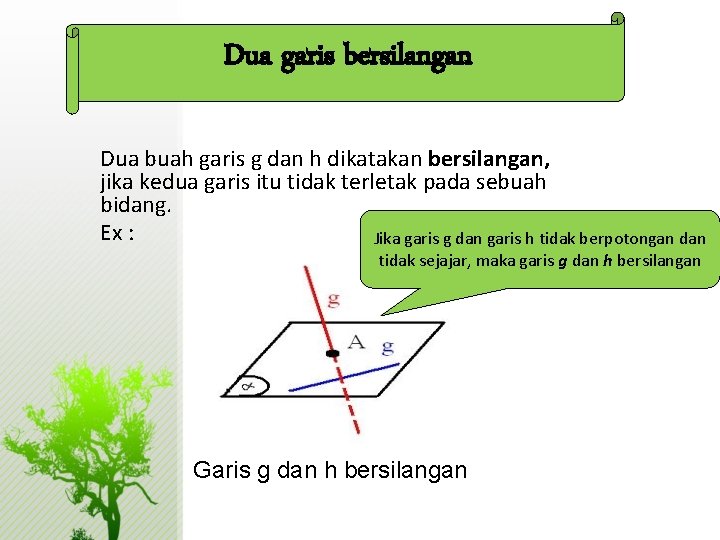 Dua garis bersilangan Dua buah garis g dan h dikatakan bersilangan, jika kedua garis