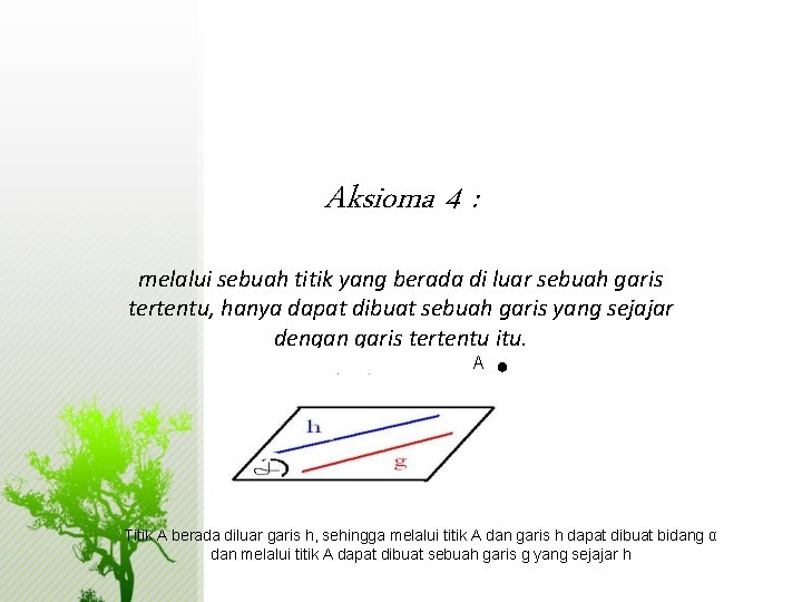 Aksioma 4 : melalui sebuah titik yang berada di luar sebuah garis tertentu, hanya