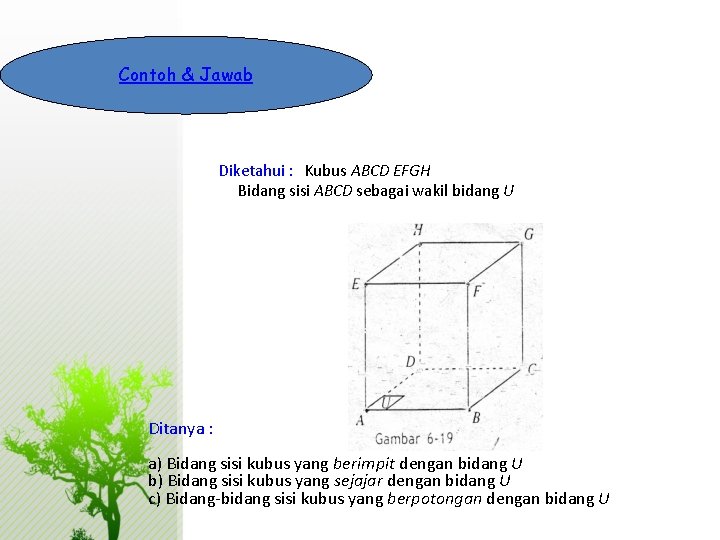 Contoh & Jawab Diketahui : Kubus ABCD EFGH Bidang sisi ABCD sebagai wakil bidang