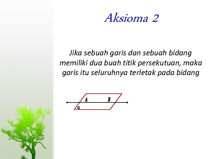 Aksioma 2 Jika sebuah garis dan sebuah bidang memiliki dua buah titik persekutuan, maka