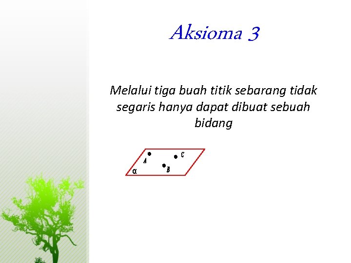 Aksioma 3 Melalui tiga buah titik sebarang tidak segaris hanya dapat dibuat sebuah bidang