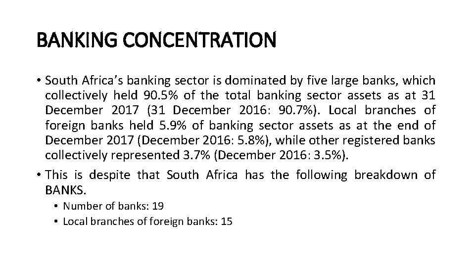 BANKING CONCENTRATION • South Africa’s banking sector is dominated by five large banks, which
