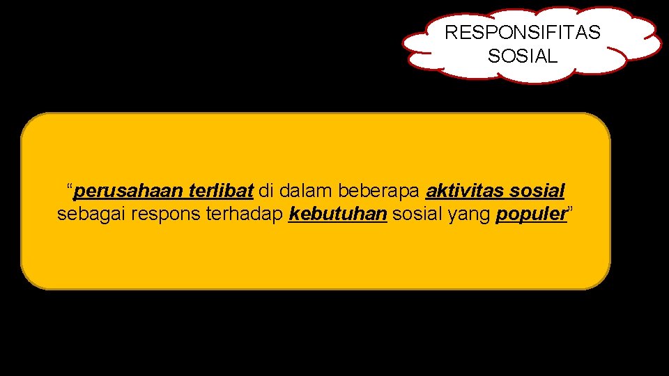 RESPONSIFITAS SOSIAL “perusahaan terlibat di dalam beberapa aktivitas sosial sebagai respons terhadap kebutuhan sosial