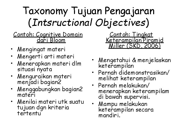 Taxonomy Tujuan Pengajaran (Intsructional Objectives) Contoh: Cognitive Domain dari Bloom • Mengingat materi •