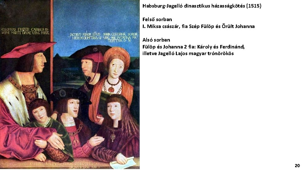 Habsburg-Jagelló dinasztikus házasságkötés (1515) Felső sorban I. Miksa császár, fia Szép Fülöp és Őrült