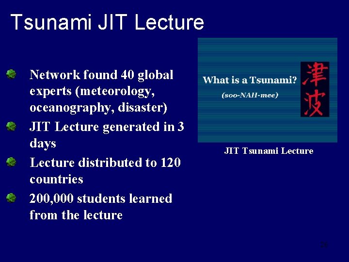 Tsunami JIT Lecture Network found 40 global experts (meteorology, oceanography, disaster) JIT Lecture generated