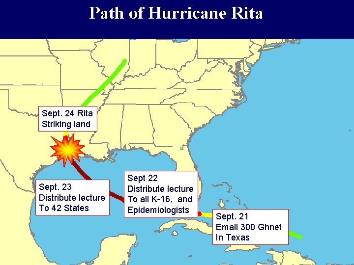 Path of Hurricane Rita Sept. 24 Rita Striking land Sept. 23 Distribute lecture To