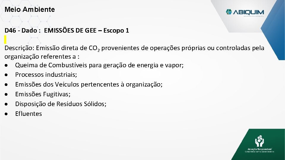 Meio Ambiente D 46 - Dado : EMISSÕES DE GEE – Escopo 1 Descrição: