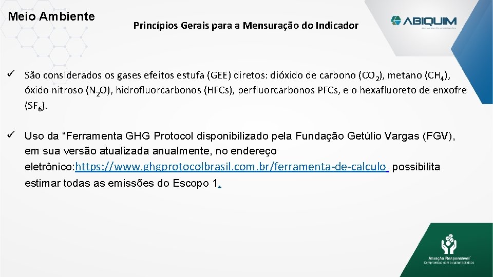 Meio Ambiente Princípios Gerais para a Mensuração do Indicador São considerados os gases efeitos