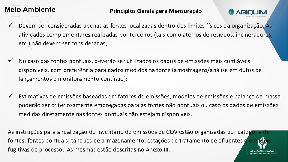 Meio Ambiente Princípios Gerais para Mensuração Devem ser consideradas apenas as fontes localizadas dentro