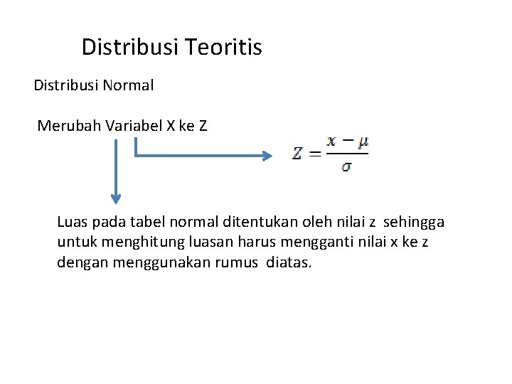 Distribusi Teoritis Distribusi Normal Merubah Variabel X ke Z Luas pada tabel normal ditentukan