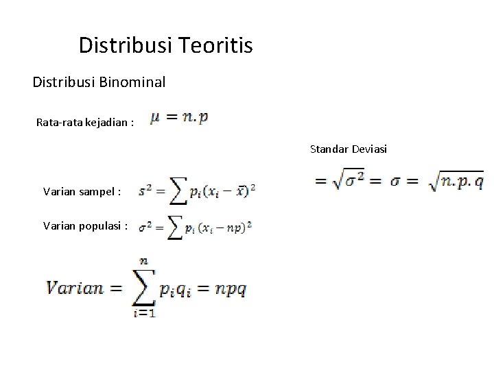 Distribusi Teoritis Distribusi Binominal Rata-rata kejadian : Standar Deviasi Varian sampel : Varian populasi
