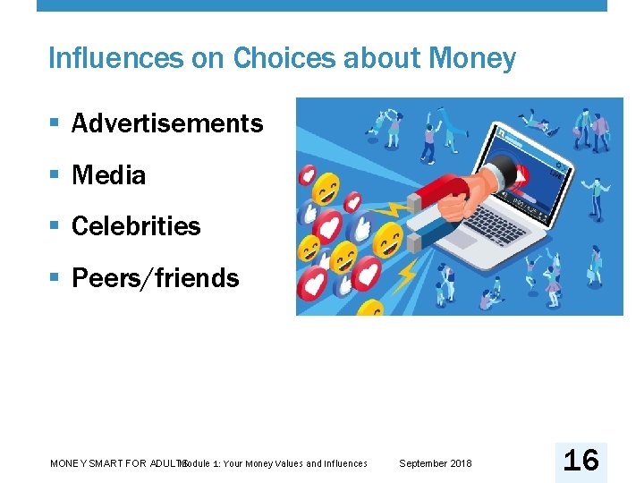 Influences on Choices about Money § Advertisements § Media § Celebrities § Peers/friends Module