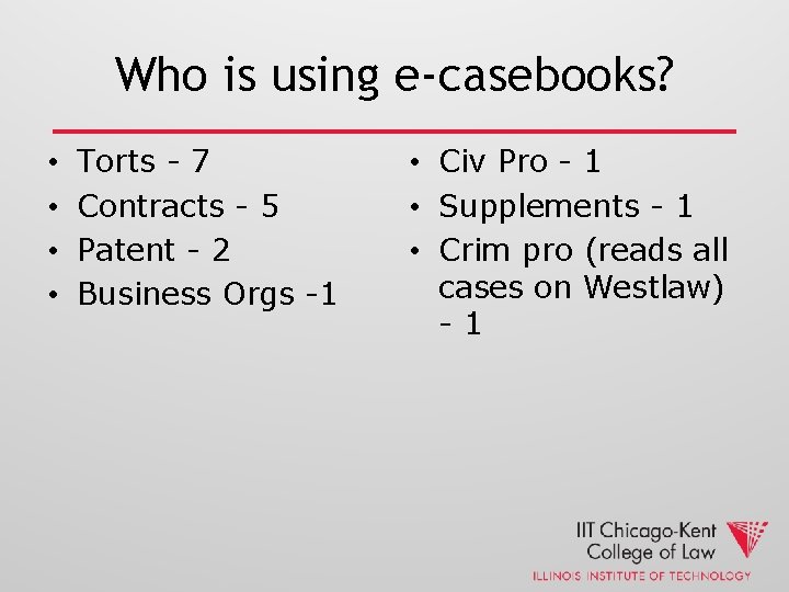 Who is using e-casebooks? • • Torts - 7 Contracts - 5 Patent -