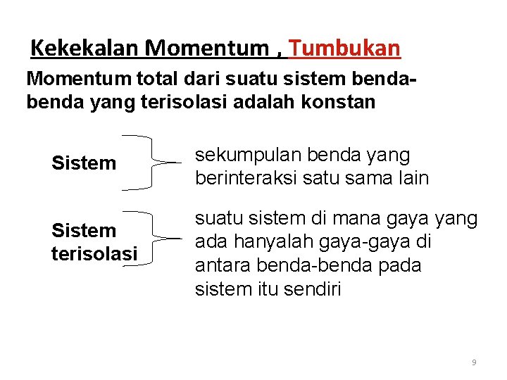 Kekekalan Momentum , Tumbukan Momentum total dari suatu sistem benda yang terisolasi adalah konstan